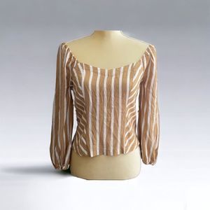 SOHO NY&CO Jeans Blouse Shirt Sz. Small Top Tan White Striped Long Sleeves